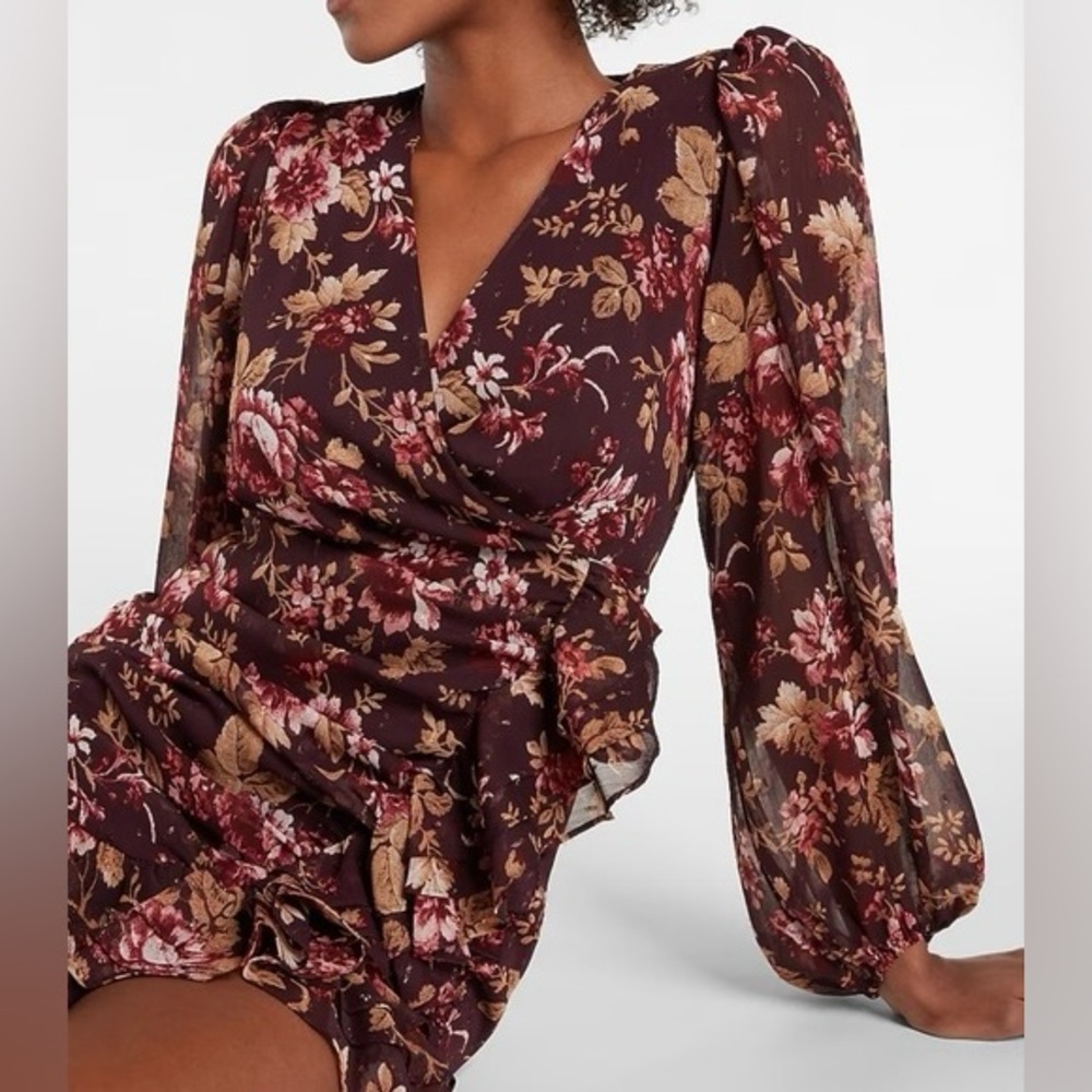 NWT Express Women's Maroon Floral Long Sleeve Surplice Ruffle Casual Dress
